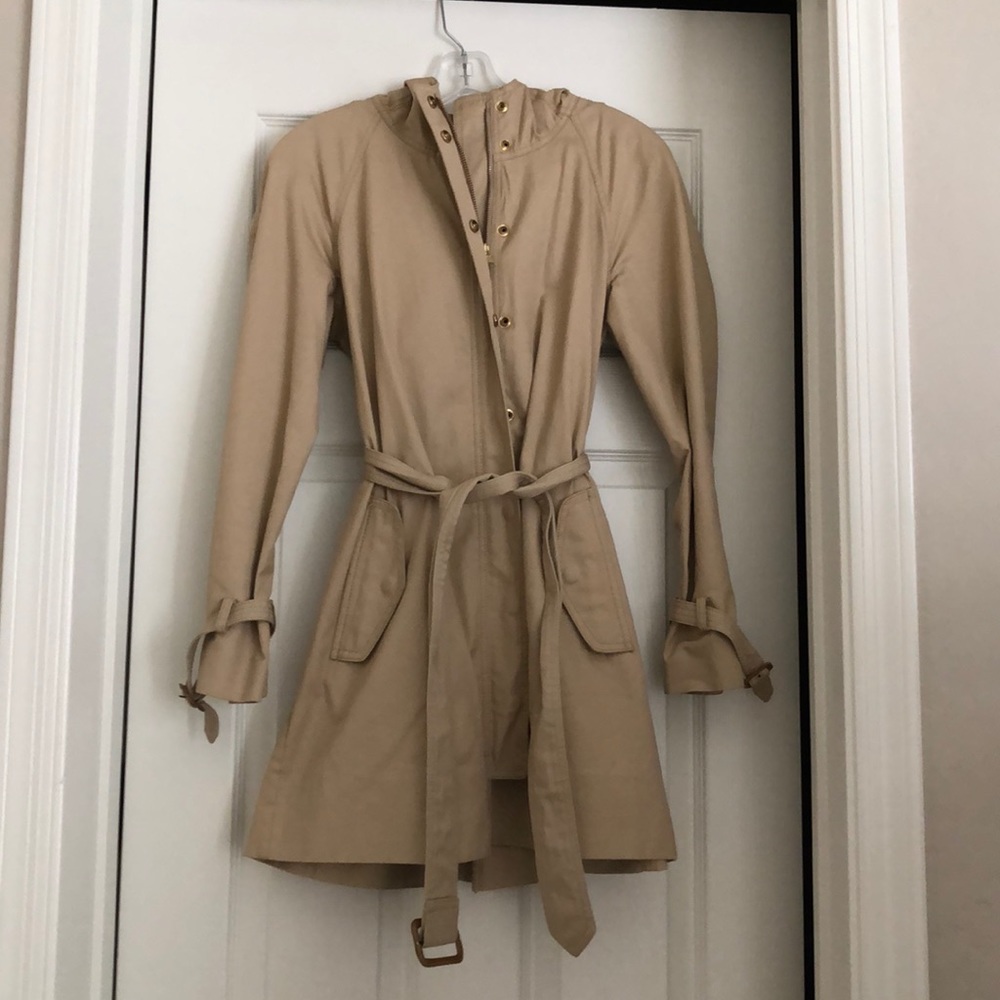 J. Crew khaki hooded trench coat  with tie waist